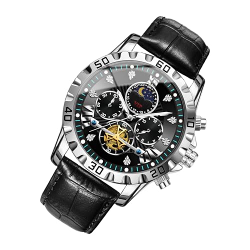 多機能メンズウォッチ - ミリタリースポーツクロノグラフ 自動巻き 高級フライホイール搭載 星座風デザイン | 防水 蓄光 アナログ式 レザー時計 ファッション ビジネス アウトドア用